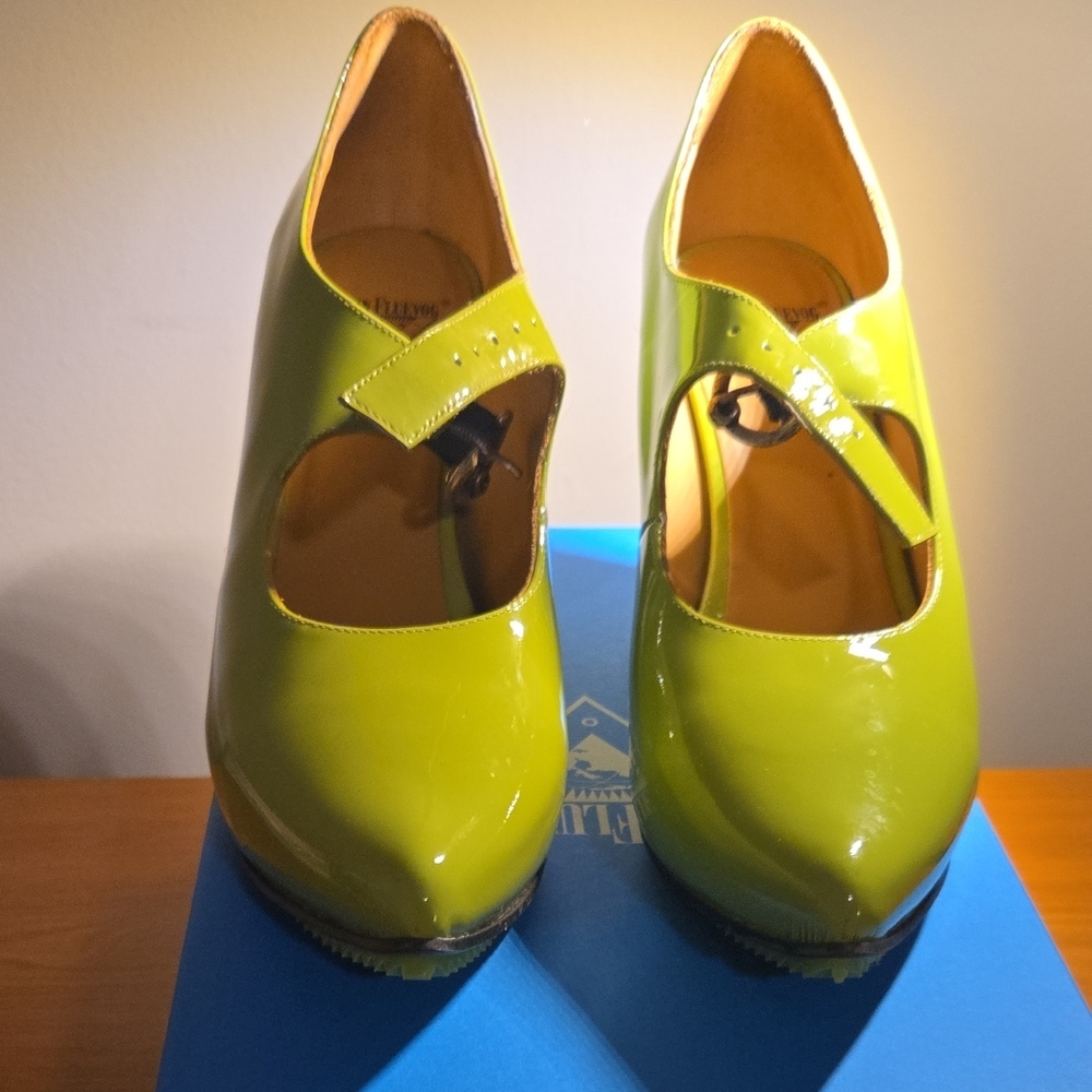 John Fluevog Bright Green Patent Mary Jane Heels